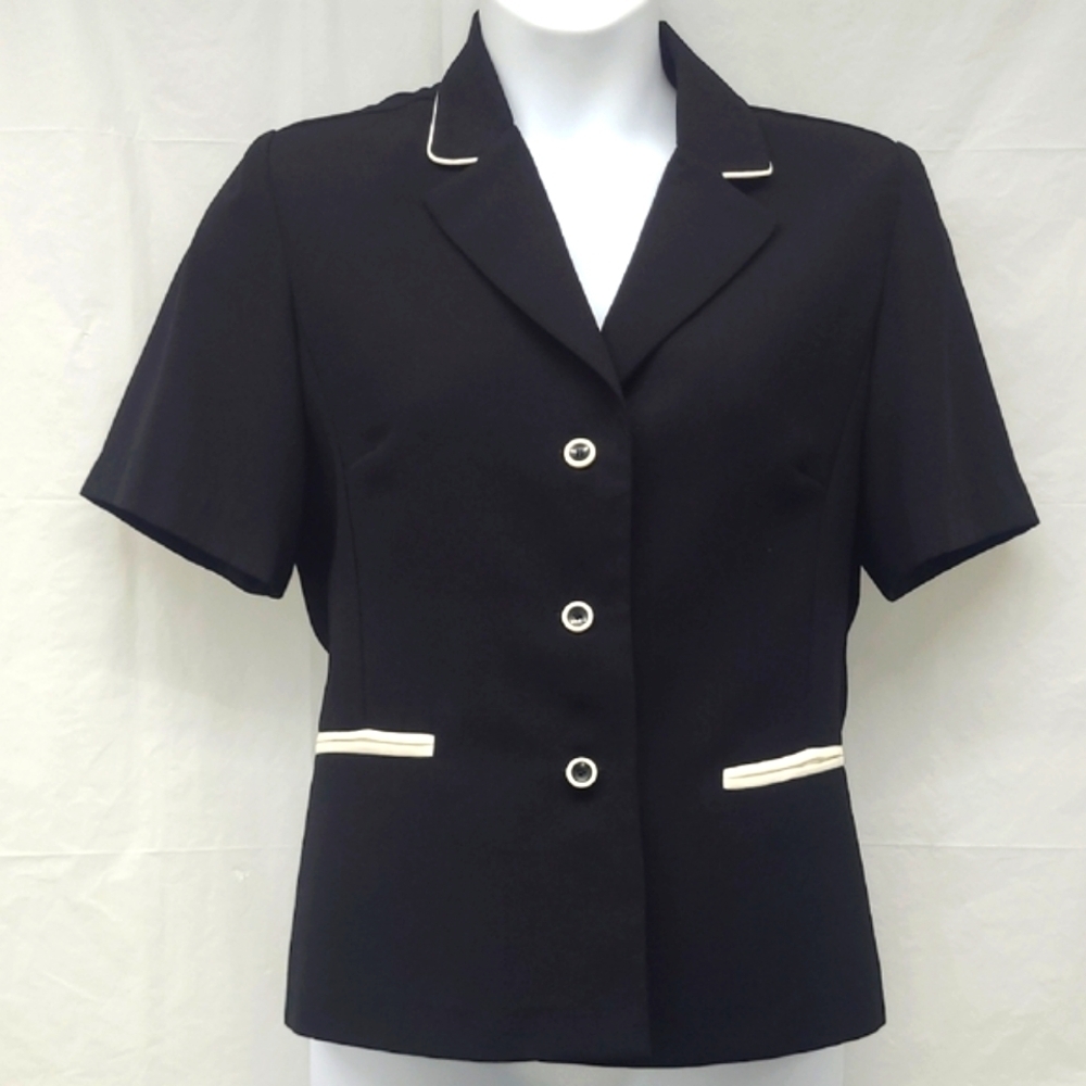 Studio I Black Short Sleeve Blazer Jacket Size 12 White Trim Tailored Pockets
